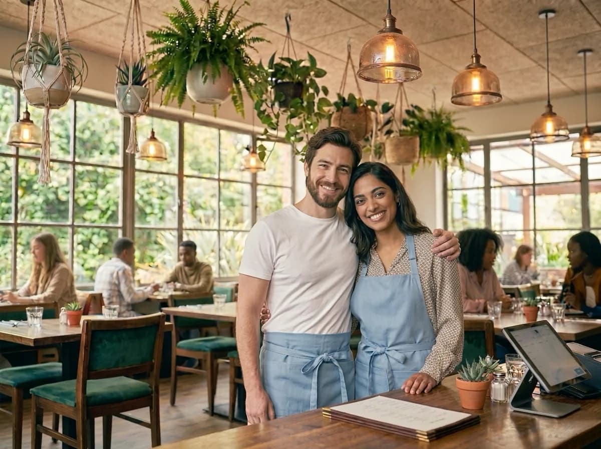 Casal de empreendedores em seu estabelecimento comercial